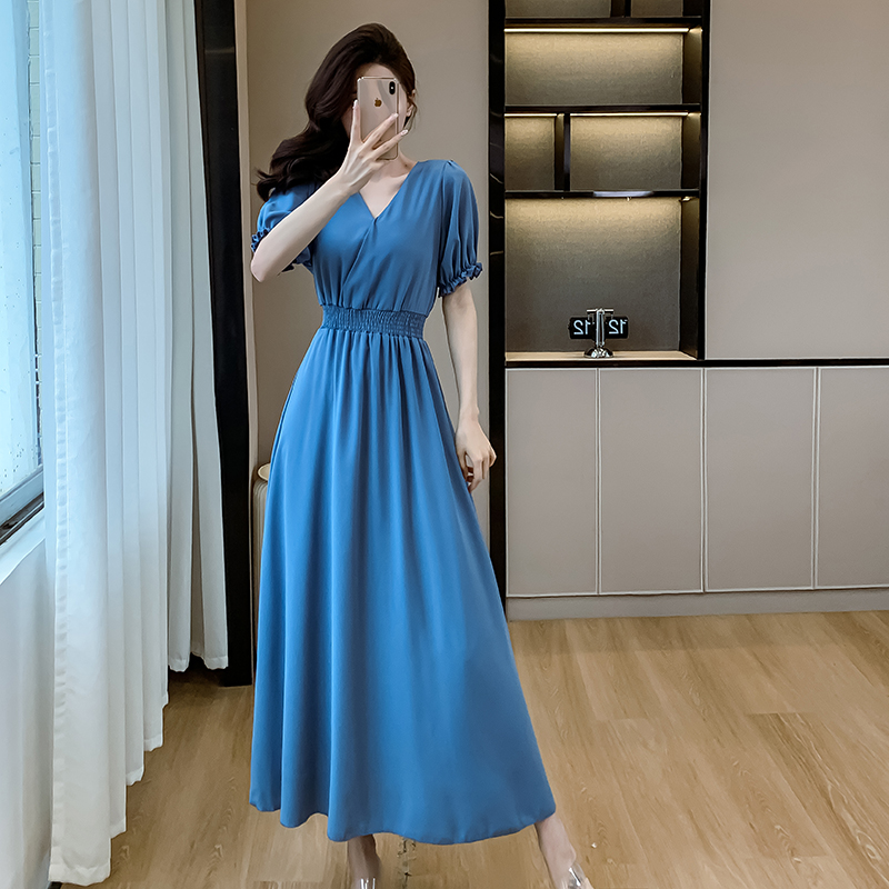 Slim pure long long dress high waist sapphire blue dress