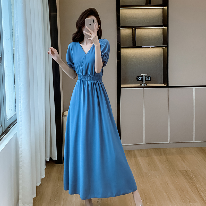 Slim pure long long dress high waist sapphire blue dress