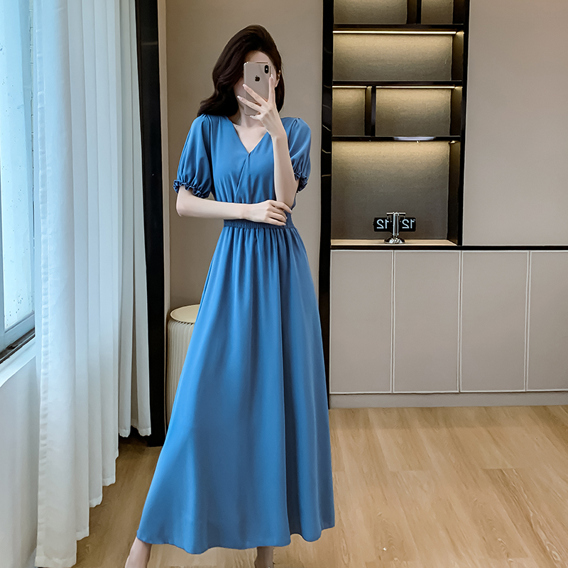 Slim pure long long dress high waist sapphire blue dress