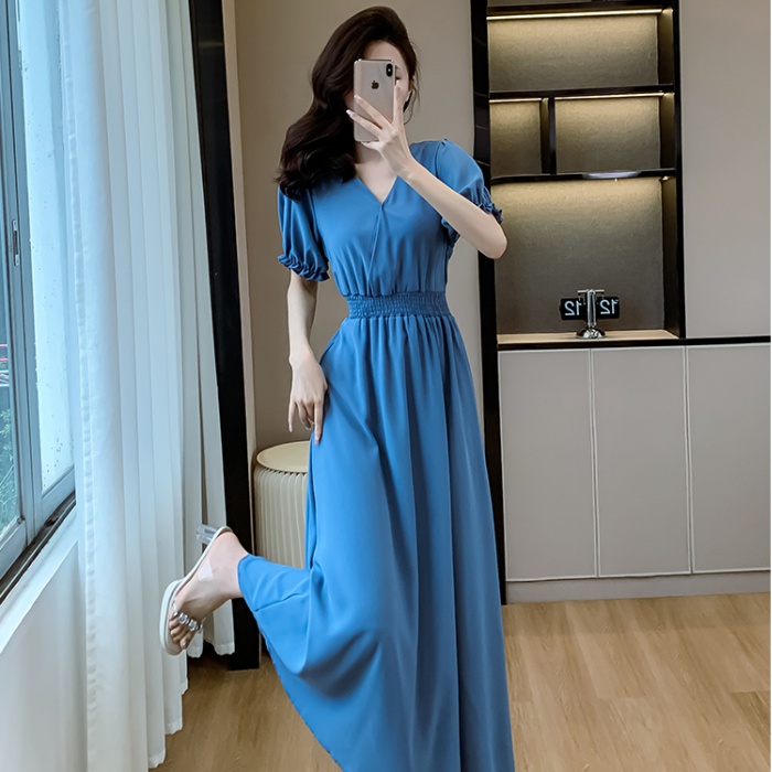 Slim pure long long dress high waist sapphire blue dress