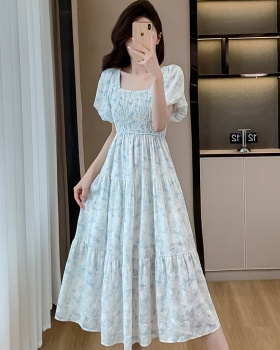 Light-blue light luxury long dress elastic waist niche dress