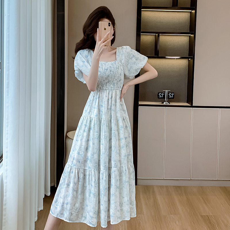 Light-blue light luxury long dress elastic waist niche dress