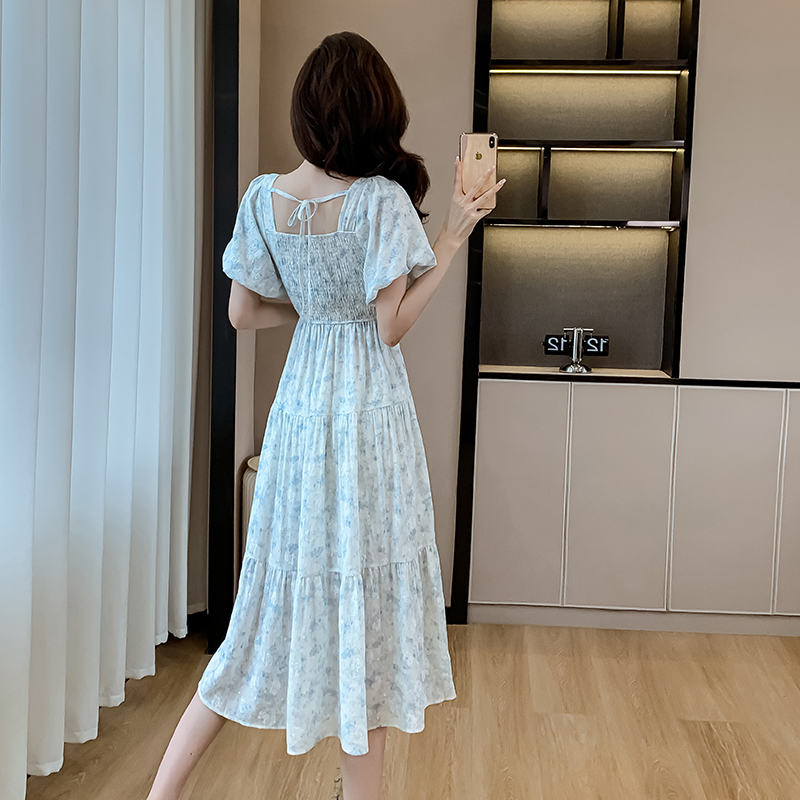 Light-blue light luxury long dress elastic waist niche dress