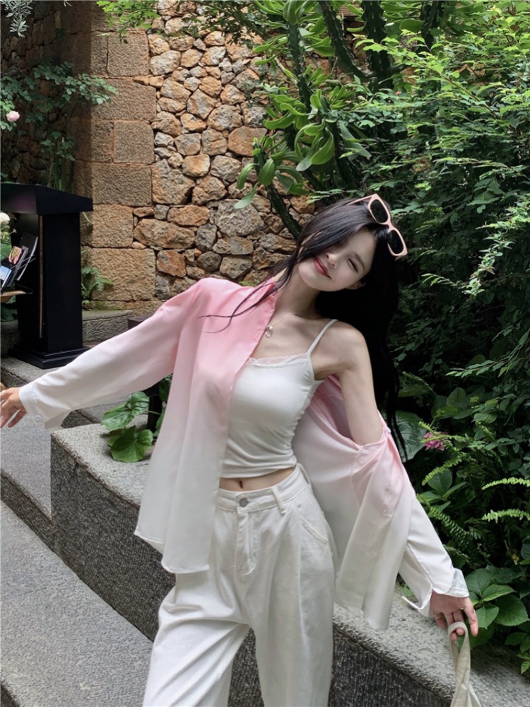 Lapel sunscreen slim shirt chiffon summer gradient tops