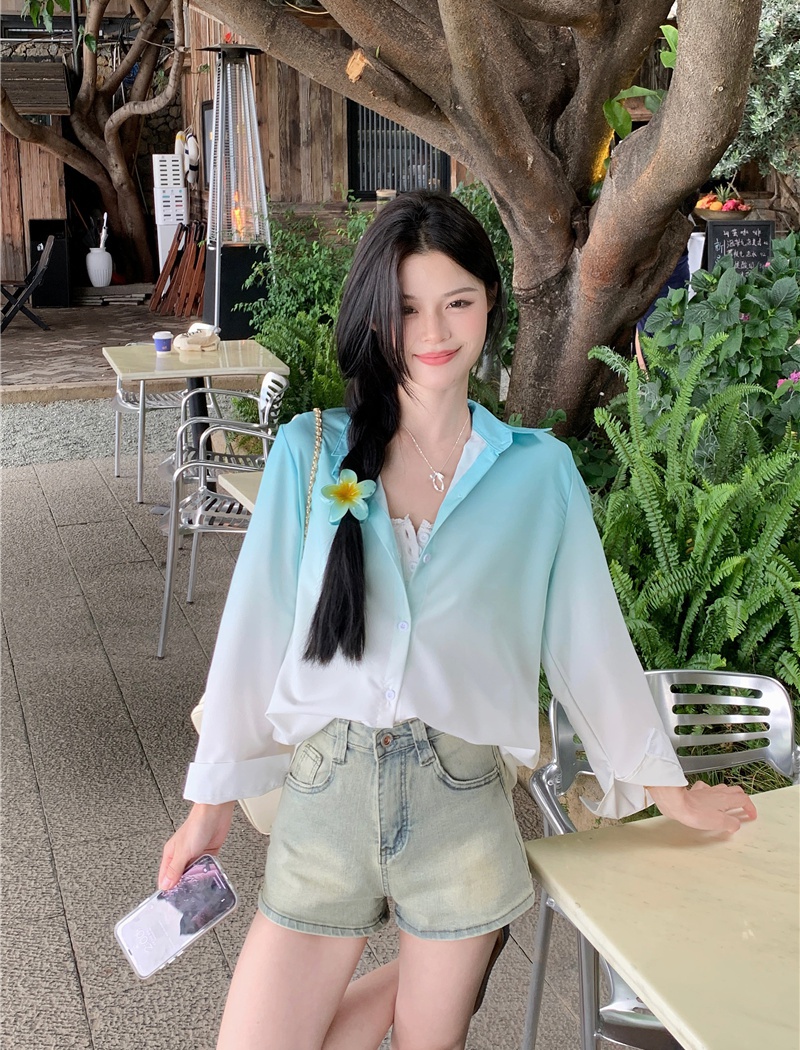 Lapel sunscreen slim shirt chiffon summer gradient tops