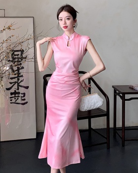 Mermaid Chinese style long temperament pink slim dress