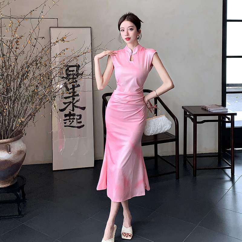 Mermaid Chinese style long temperament pink slim dress