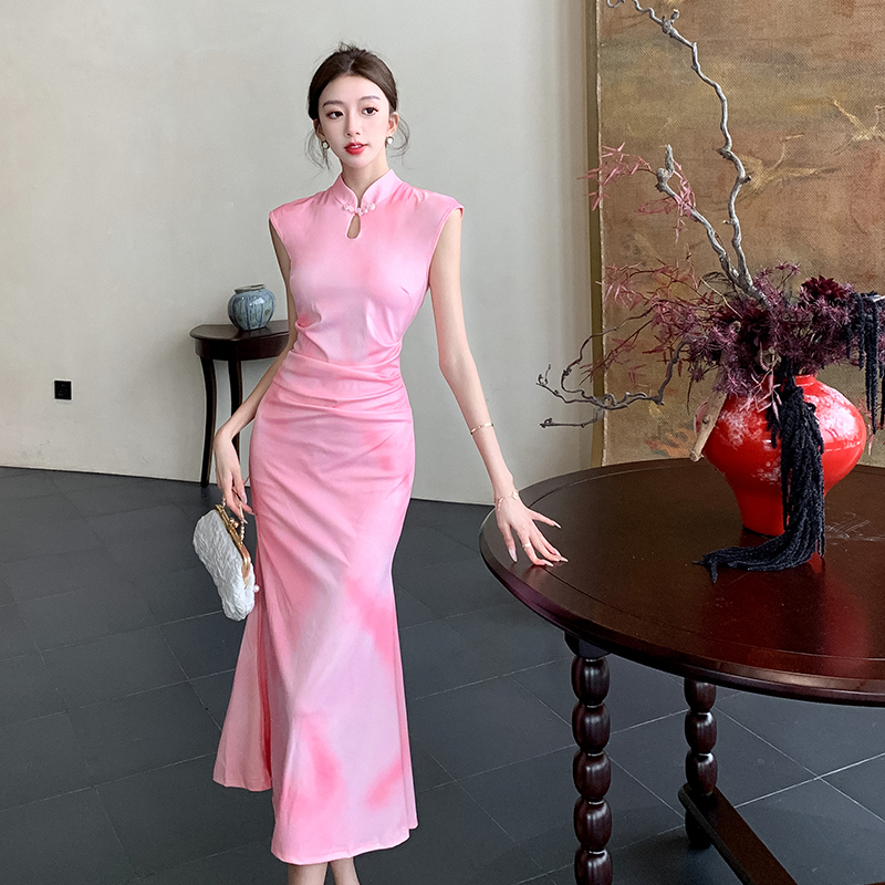 Mermaid Chinese style long temperament pink slim dress