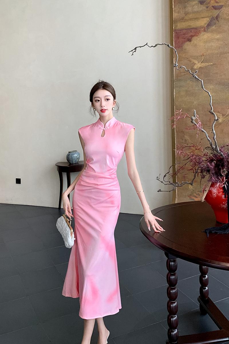 Mermaid Chinese style long temperament pink slim dress