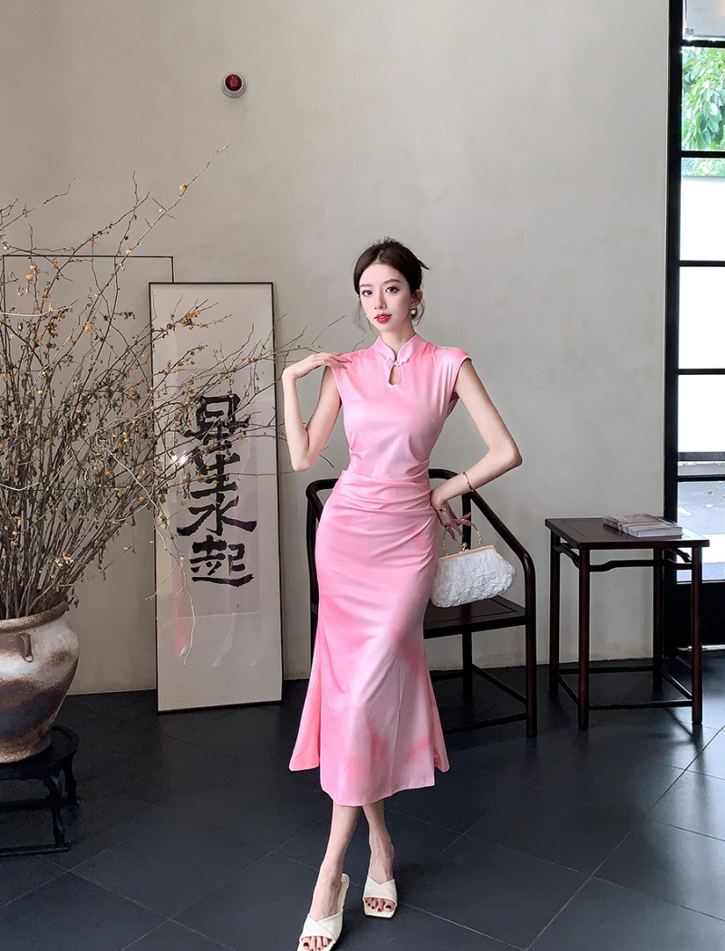 Mermaid Chinese style long temperament pink slim dress