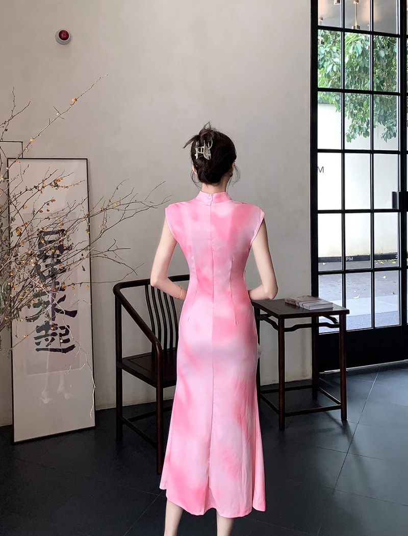 Mermaid Chinese style long temperament pink slim dress