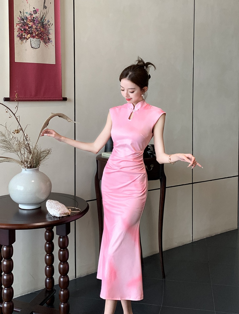 Mermaid Chinese style long temperament pink slim dress