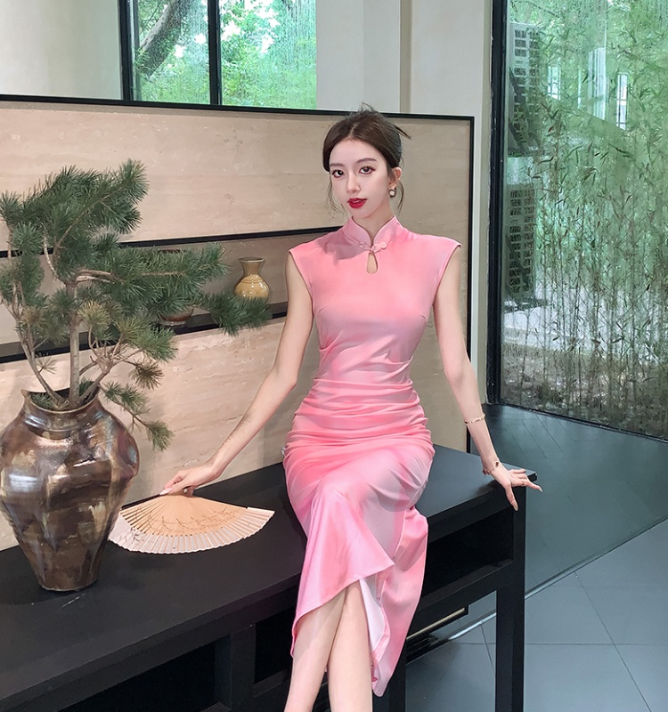 Mermaid Chinese style long temperament pink slim dress