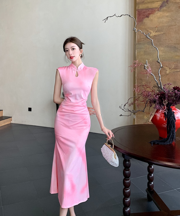 Mermaid Chinese style long temperament pink slim dress