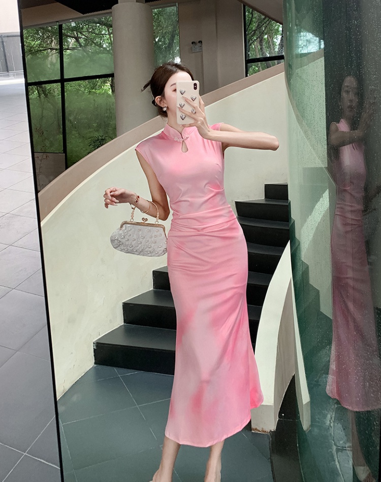 Mermaid Chinese style long temperament pink slim dress