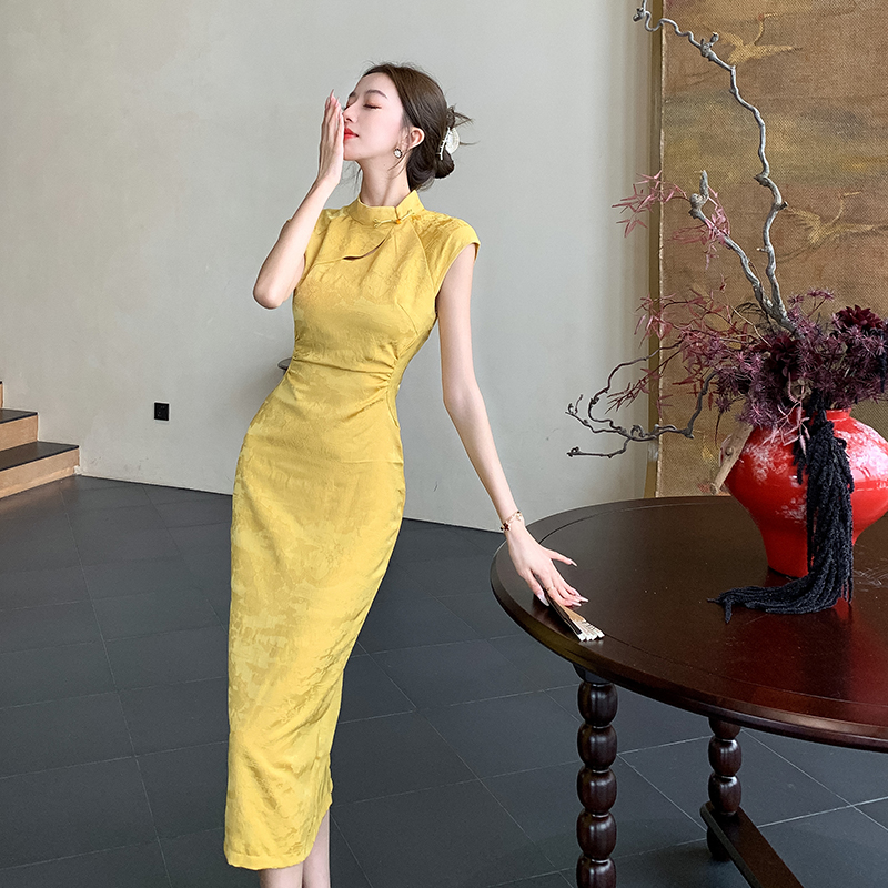 Chinese style pinched waist cheongsam slim hollow dress