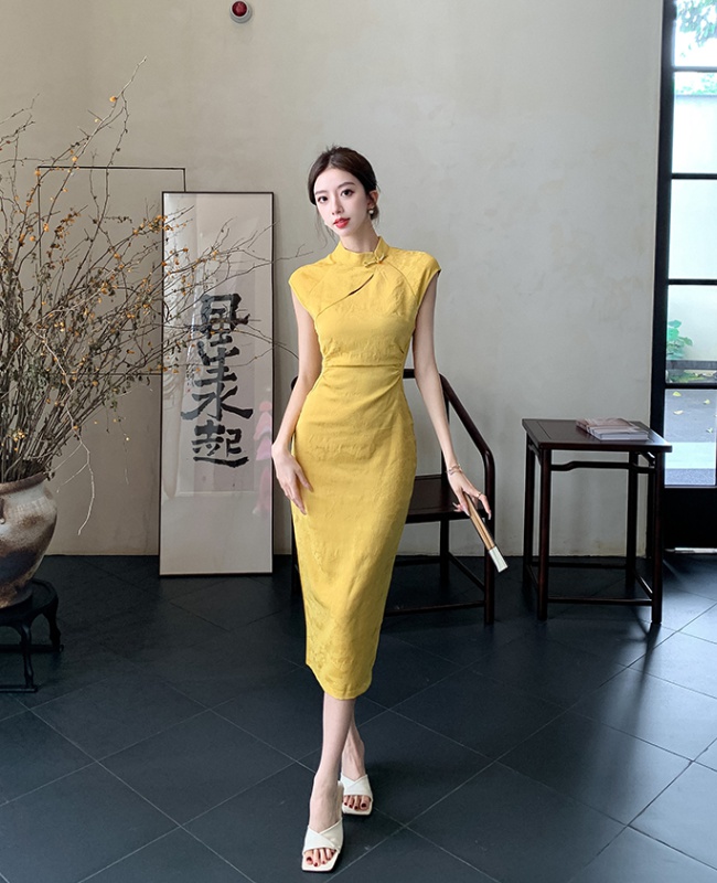 Chinese style pinched waist cheongsam slim hollow dress