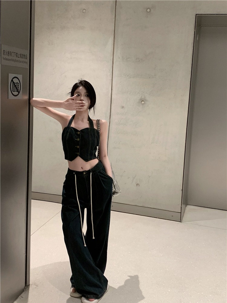 Denim sling long pants wide leg vest 2pcs set