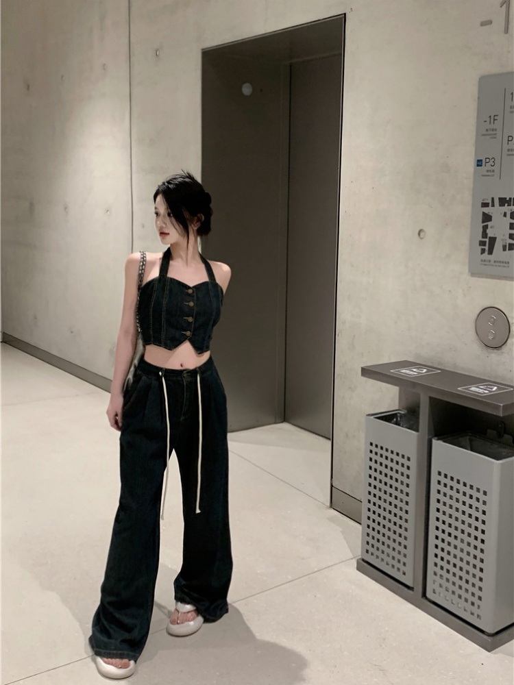 Denim sling long pants wide leg vest 2pcs set