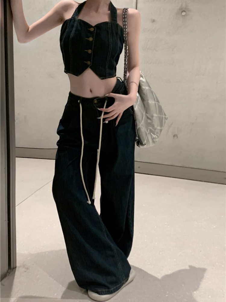 Denim sling long pants wide leg vest 2pcs set