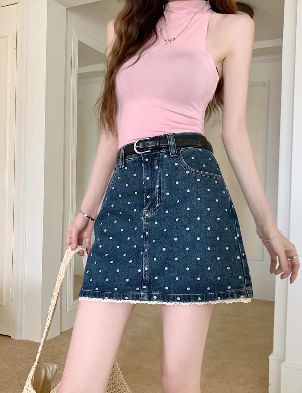 Denim slim short skirt polka dot skirt for women