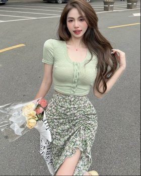 Chouzhe high waist floral skirt tender slim tops 2pcs set