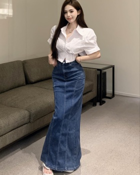 Slim denim split skirt high waist Korean style shirt 2pcs set