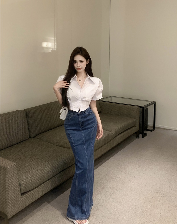 Slim denim split skirt high waist Korean style shirt 2pcs set