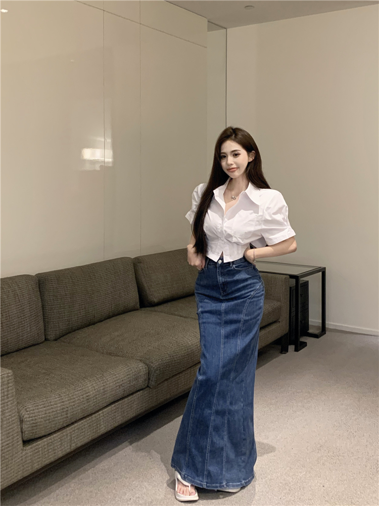 Slim denim split skirt high waist Korean style shirt 2pcs set