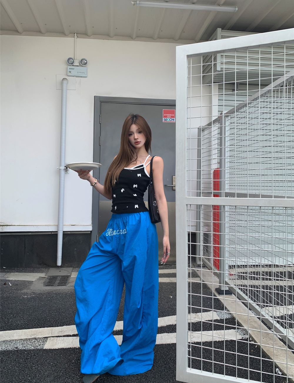 Sling Pseudo-two vest bow embroidery casual pants for women