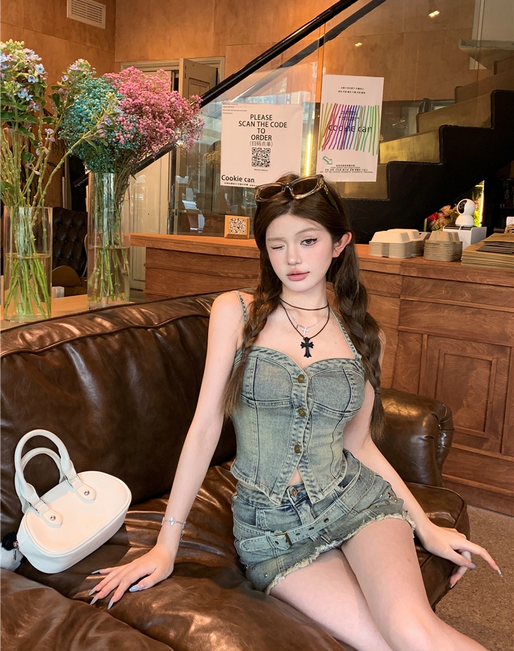 Halter package hip sling denim summer skirt 2pcs set