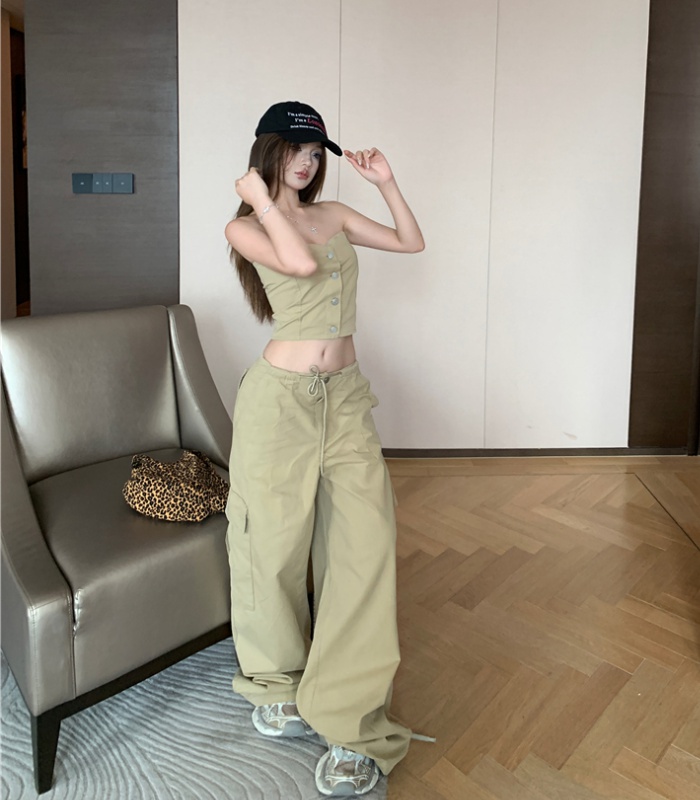 Short American style tops fashion work pants 2pcs set for women