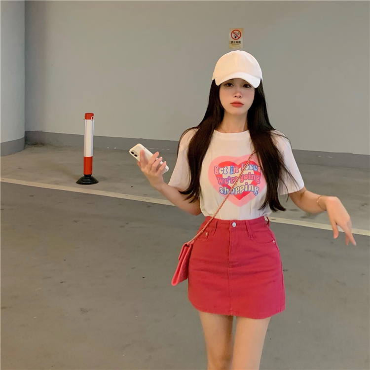 Fashion denim T-shirt heart rose-red short skirt a set