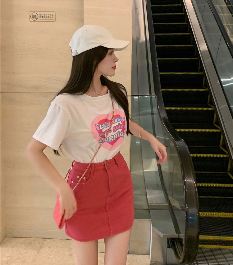 Fashion denim T-shirt heart rose-red short skirt a set