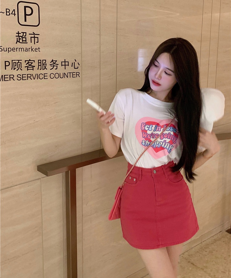 Fashion denim T-shirt heart rose-red short skirt a set