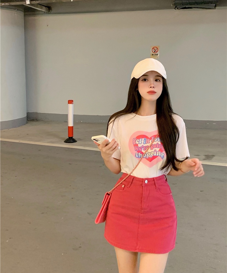 Fashion denim T-shirt heart rose-red short skirt a set