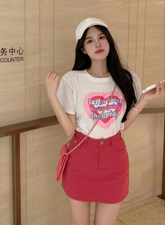 Fashion denim T-shirt heart rose-red short skirt a set