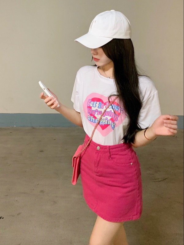 Fashion denim T-shirt heart rose-red short skirt a set