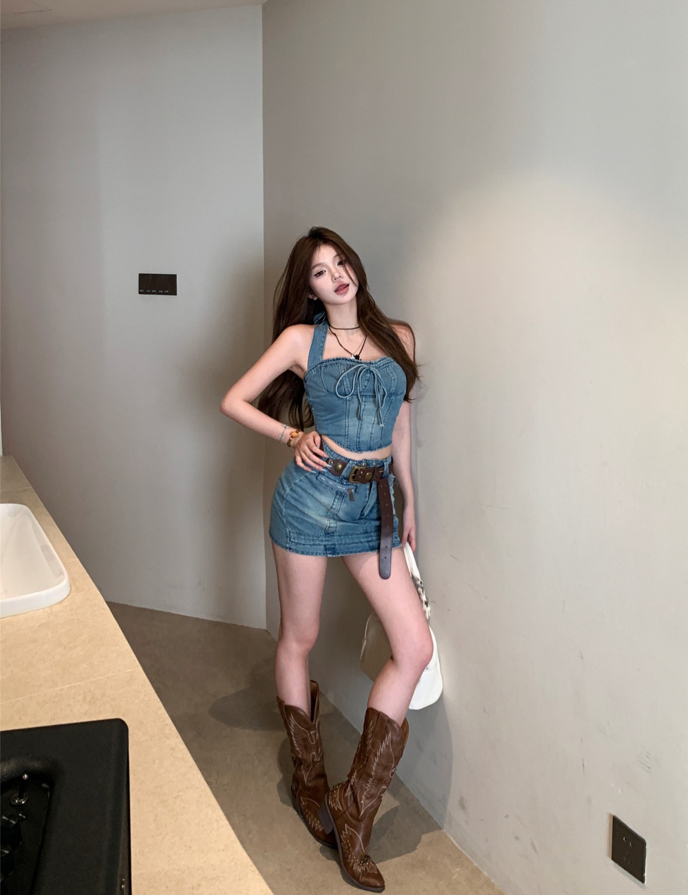 Denim short skirt pinched waist tops a set for women