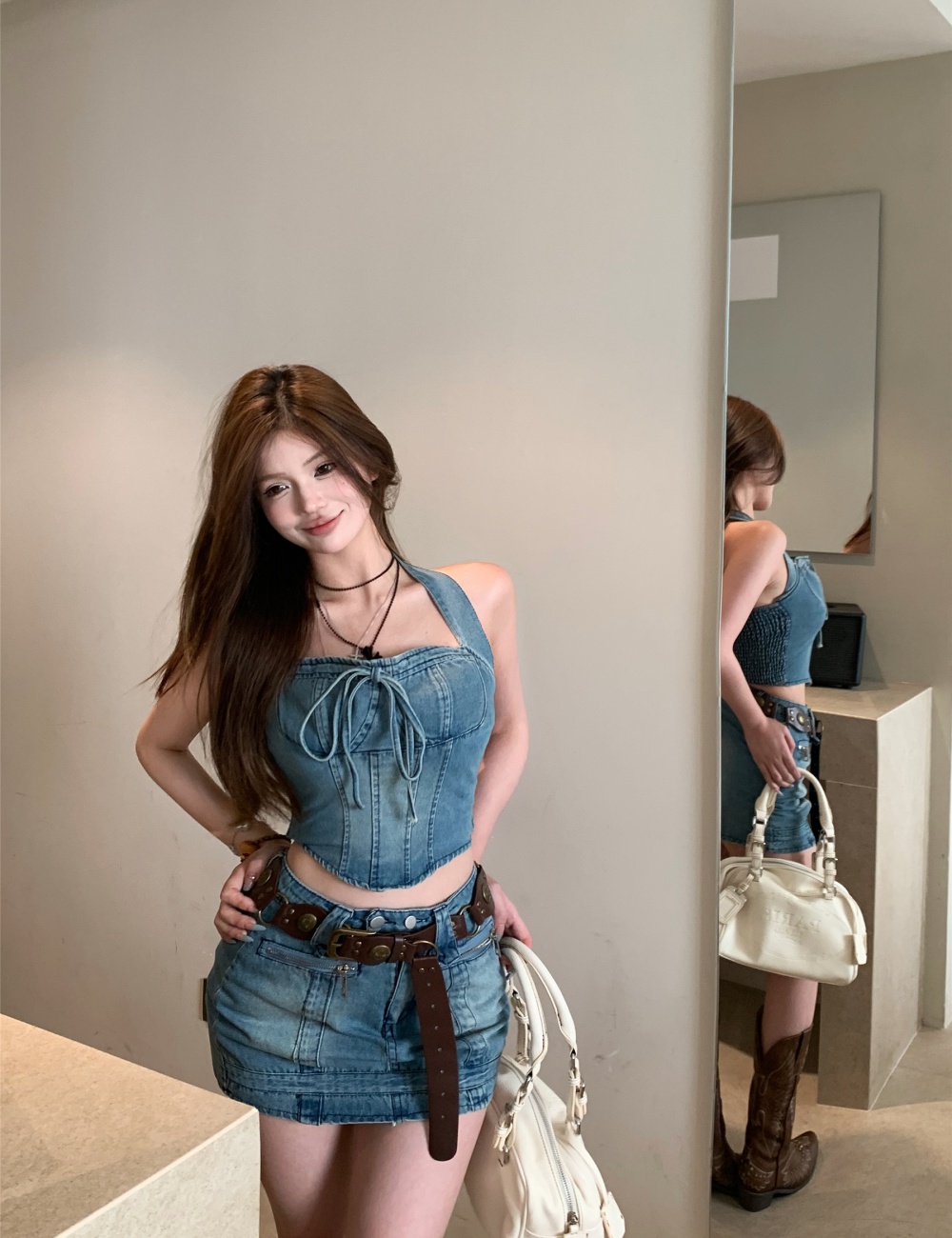 Denim short skirt pinched waist tops a set for women