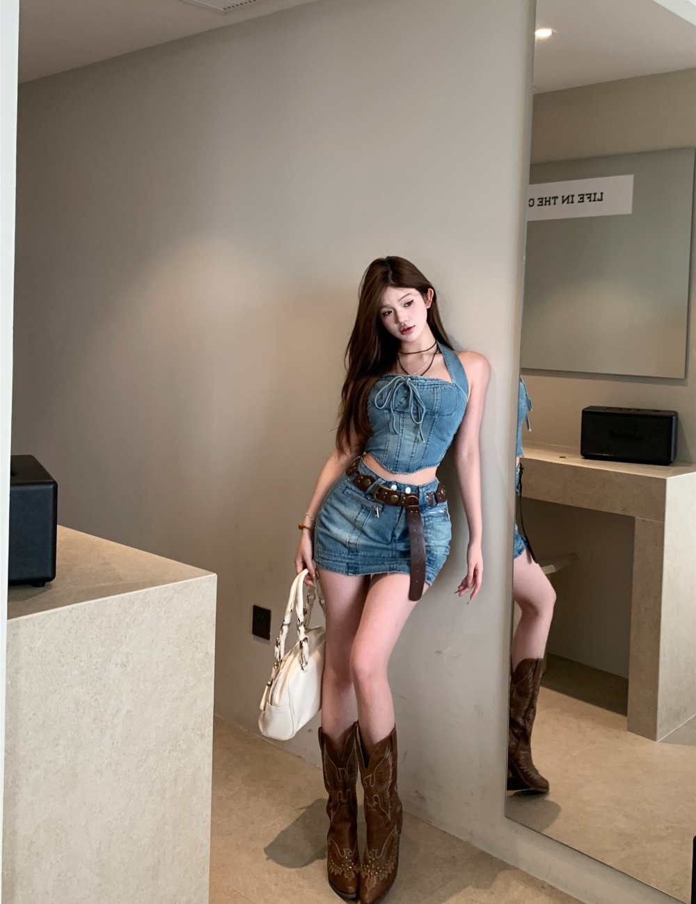 Denim short skirt pinched waist tops a set for women