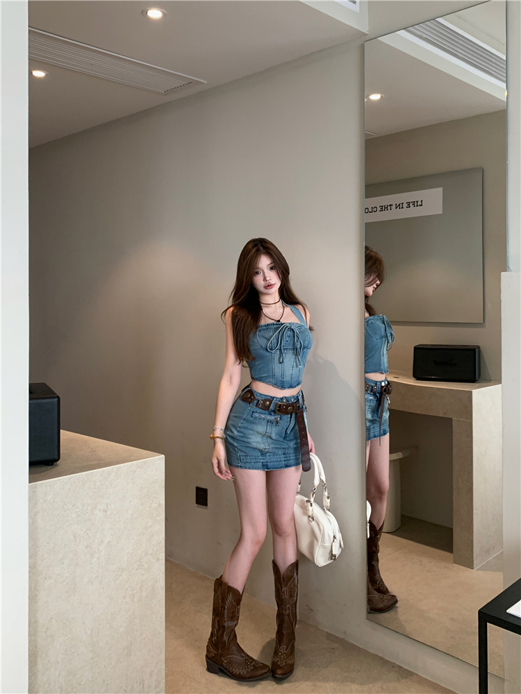 Denim short skirt pinched waist tops a set for women