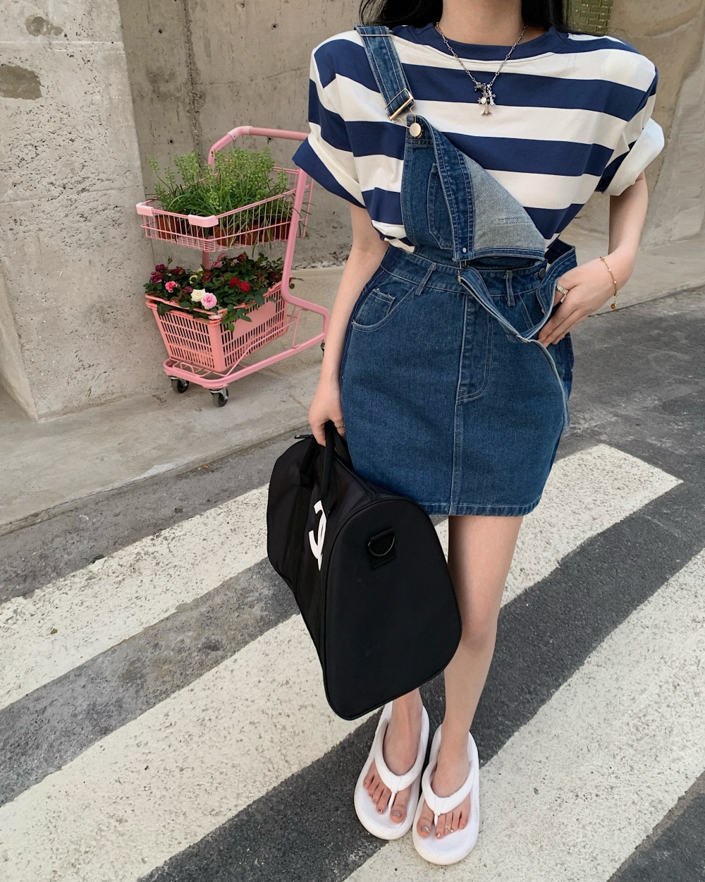 Pinched waist all-match spicegirl denim strap dress