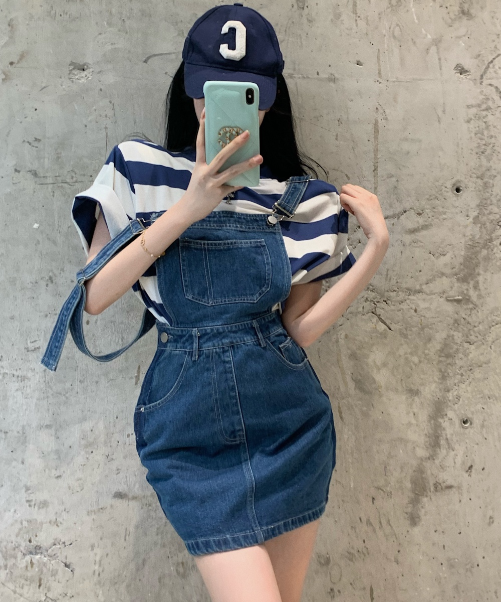 Pinched waist all-match spicegirl denim strap dress