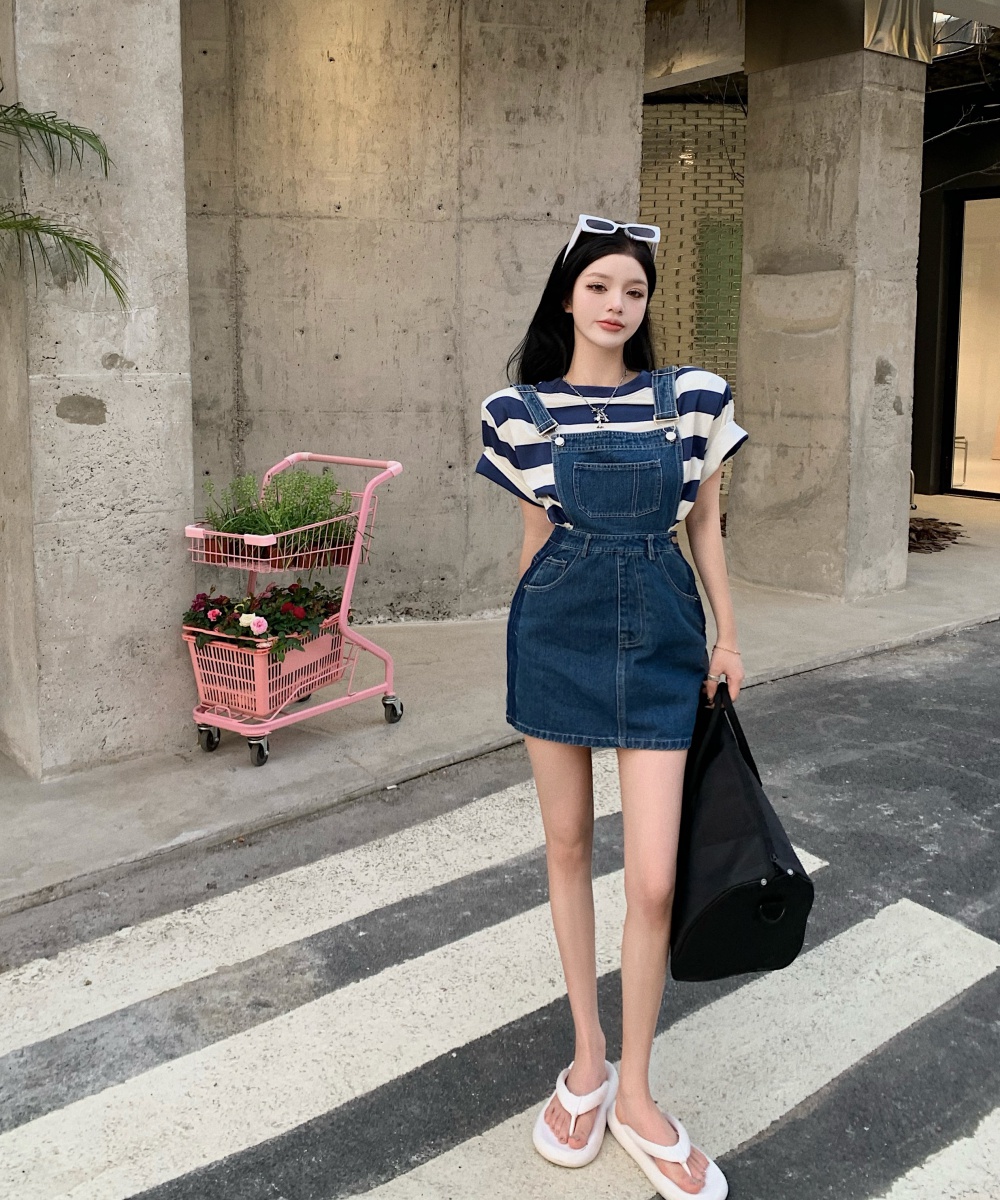 Pinched waist all-match spicegirl denim strap dress