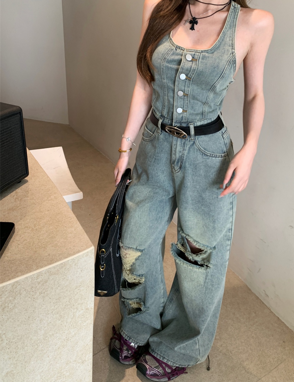 Holes wide leg jumpsuit spicegirl denim vest for women