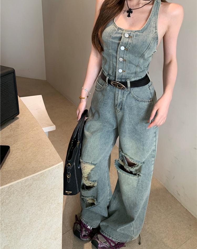 Holes wide leg jumpsuit spicegirl denim vest for women