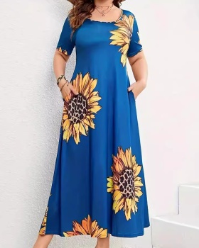 Printing sunflower dress short sleeve loose long dress