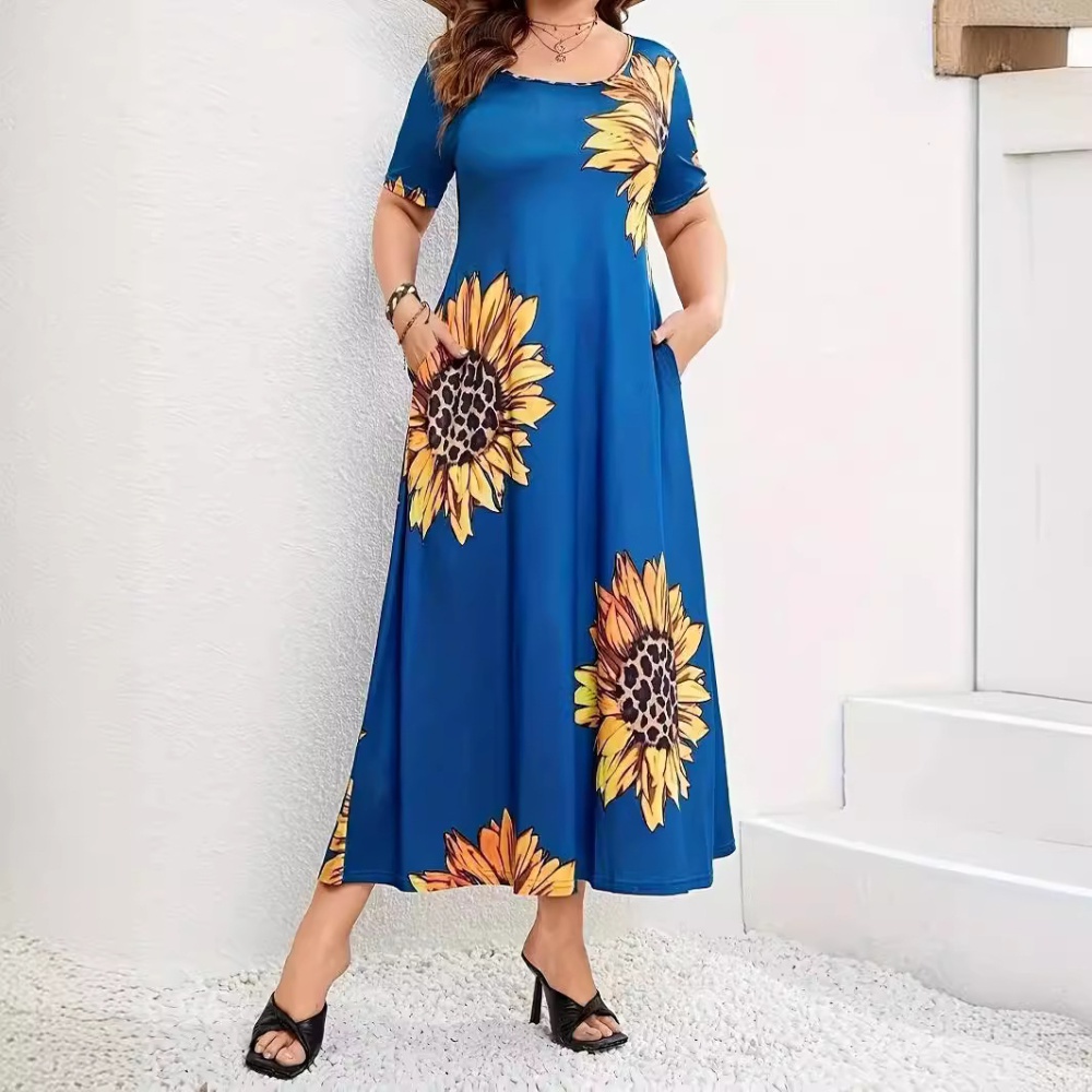 Printing sunflower dress short sleeve loose long dress