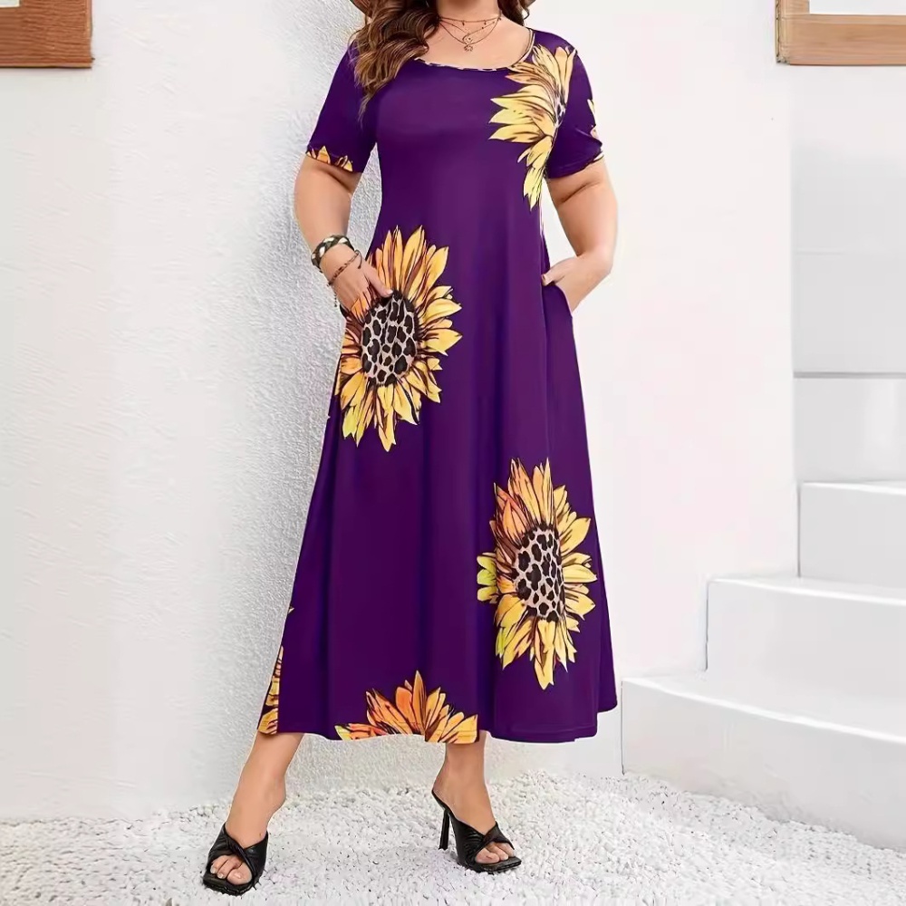 Printing sunflower dress short sleeve loose long dress